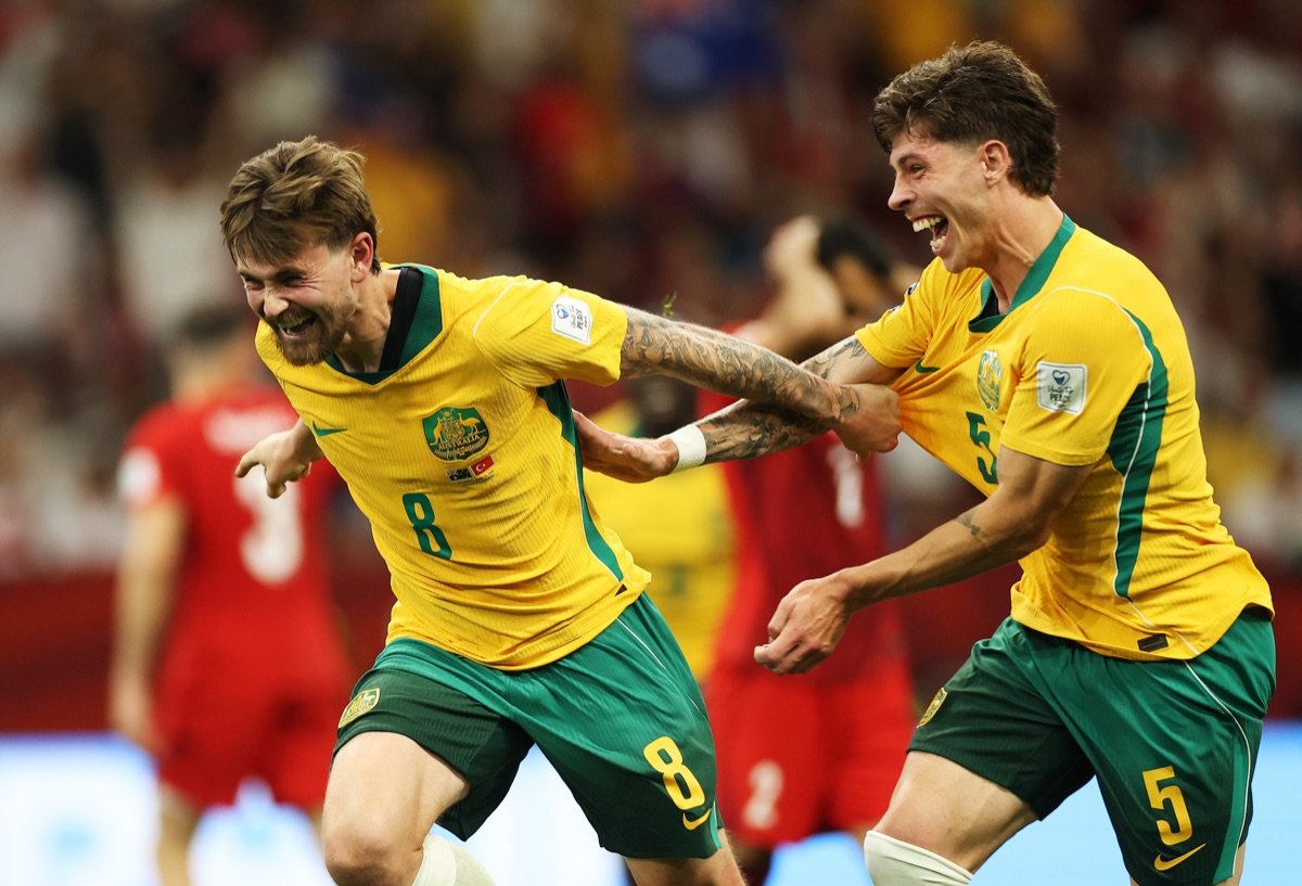Australia players celebrate during their 2-0 win over Türkiye at the 2026 World Cup