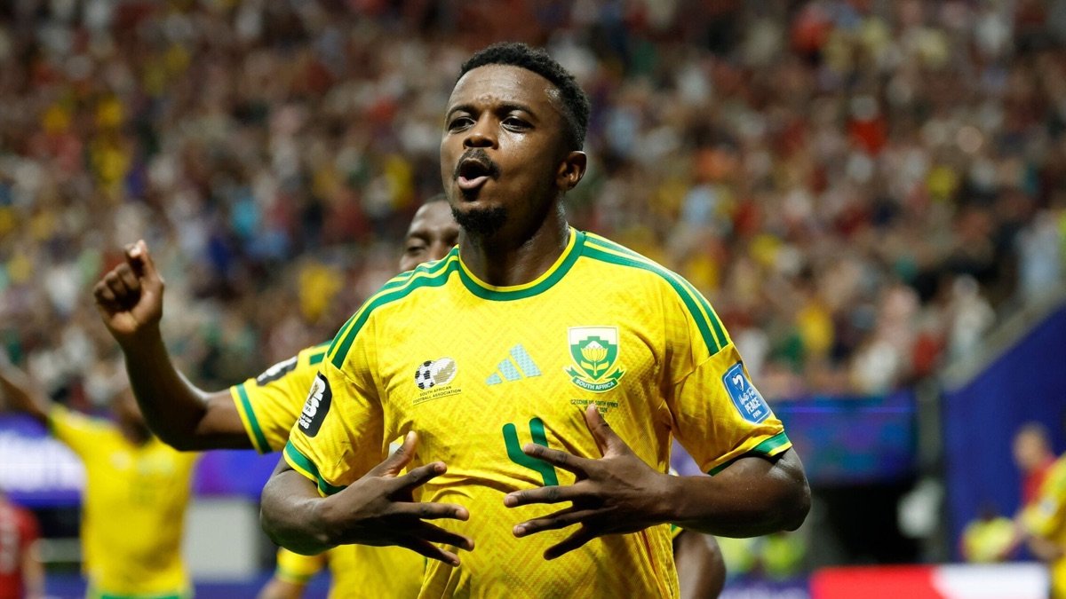 Teboho Mokoena celebrates for South Africa after his late penalty against Czechia