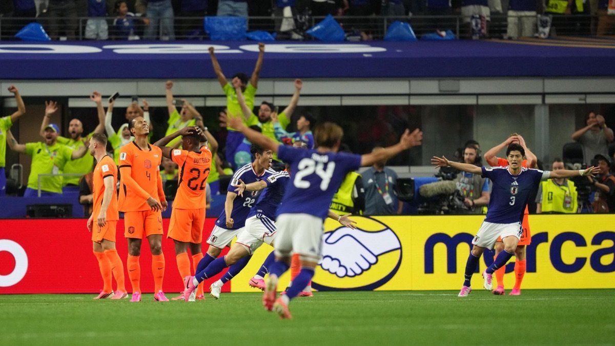 Japan players celebrate a late equaliser against the Netherlands in their 2-2 World Cup Group F draw