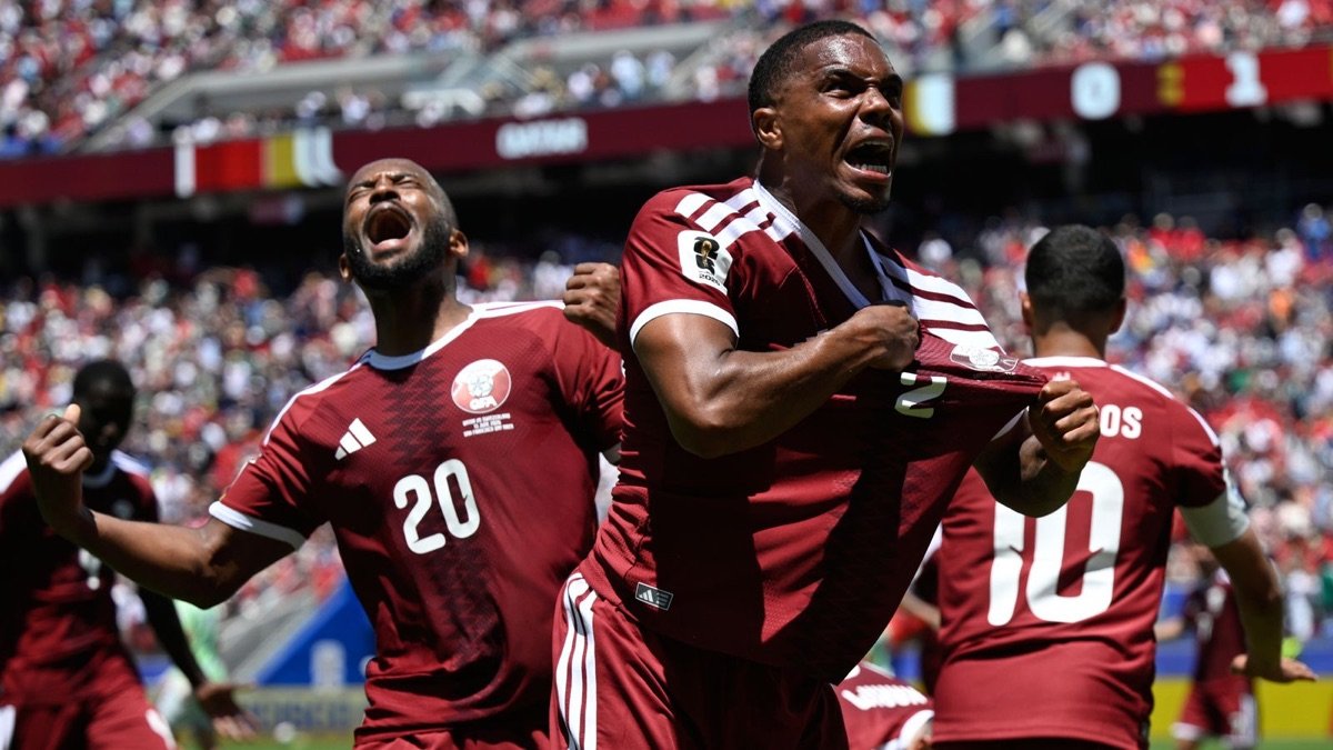 Qatar players celebrate after earning a late 1-1 draw against Switzerland at the 2026 World Cup