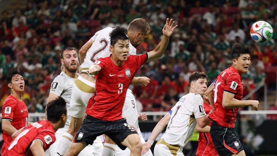 South Korea and Czech Republic players contest an aerial ball during their 2026 World Cup Group A match