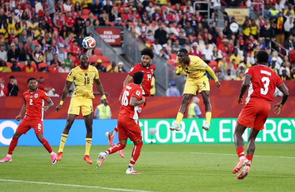 Ghana and Panama players contest a header during their 2026 World Cup Group L opener