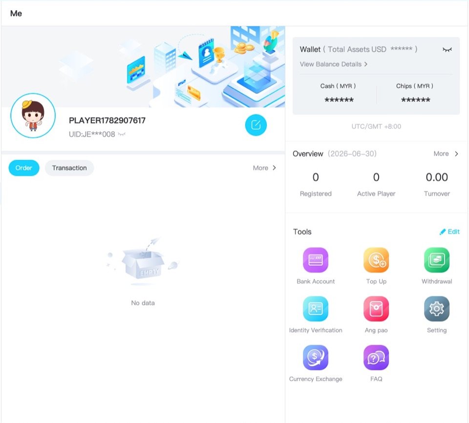 Winbox account dashboard showing player profile, MYR wallet balances, order and transaction tabs, top-up, withdrawal and identity-verification tools